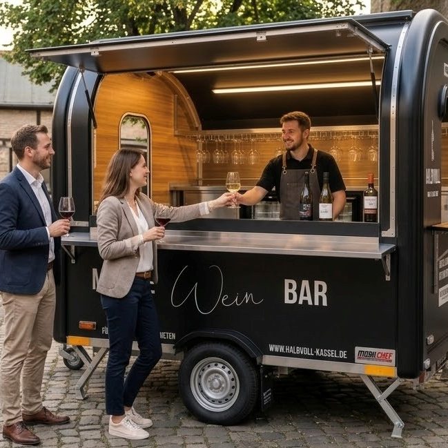Mobile HALBVOLL Weinbar mit Gästen und Barkeeper beim Weinausschank