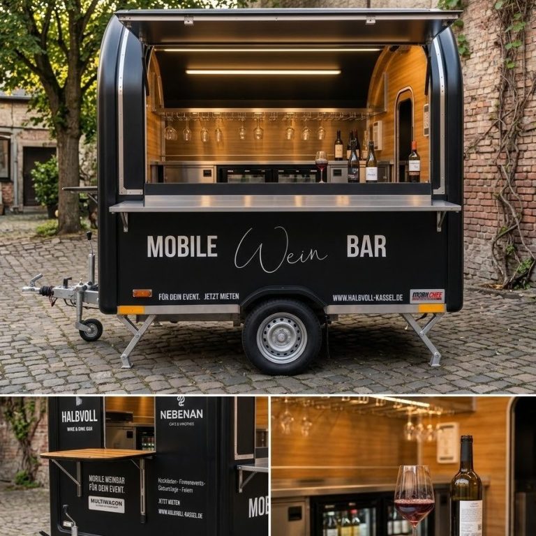 Geöffnete mobile HALBVOLL Weinbar mit großem Ausschanktresen