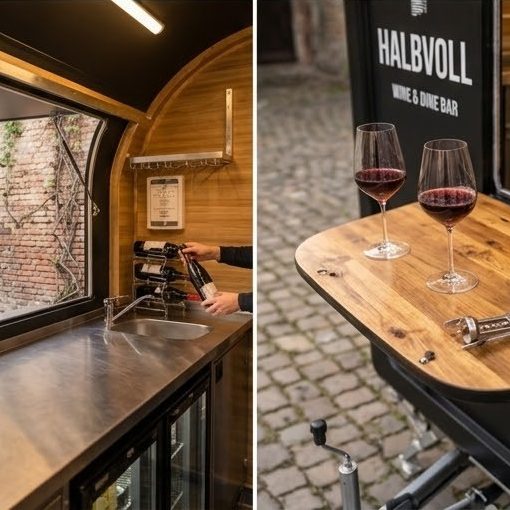 Geöffnete mobile HALBVOLL Weinbar mit großem Ausschanktresen
