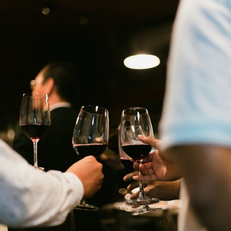 Zwei Personen stoßen mit Weingläsern in einem festlichen Ambiente an.